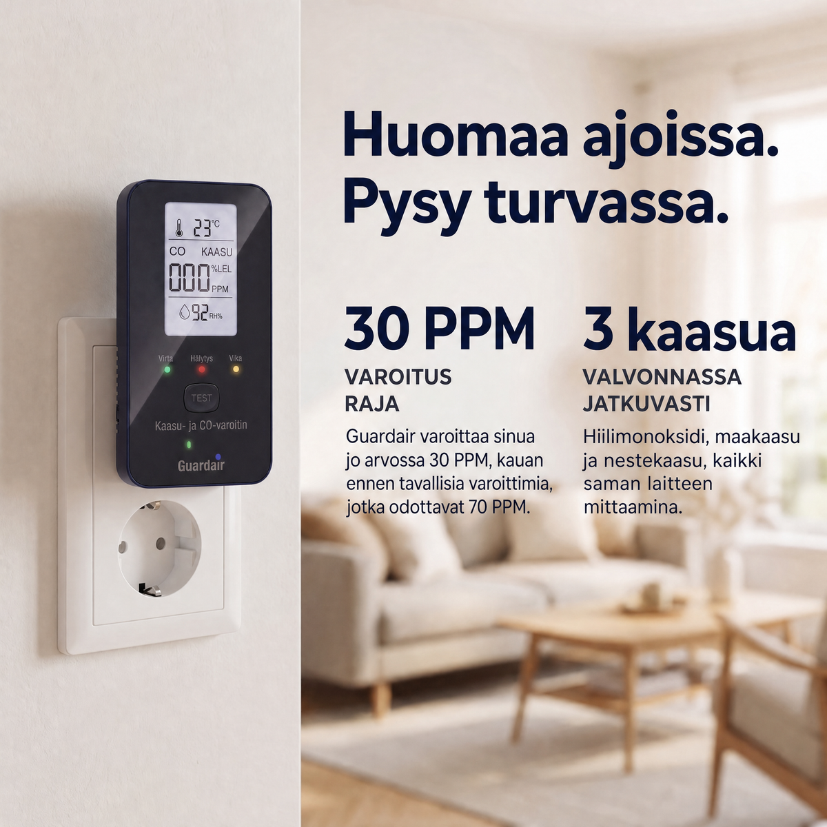 Guardair pistorasiassa: varoitus jo 30 PPM:stä ja kolmen kaasun jatkuva valvonta