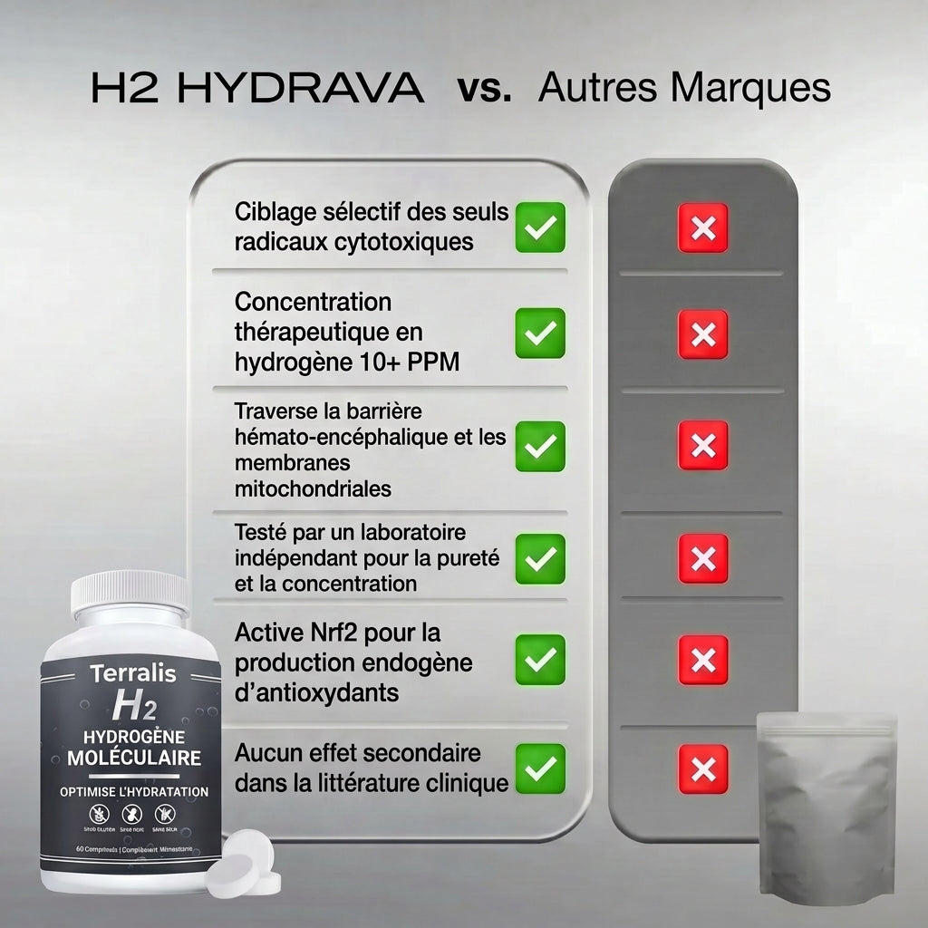 Épuisé(e) toute la journée, vous vieillissez plus vite que vous ne le devriez ? L'Hydrava H2 protège vos cellules de l'intérieur.