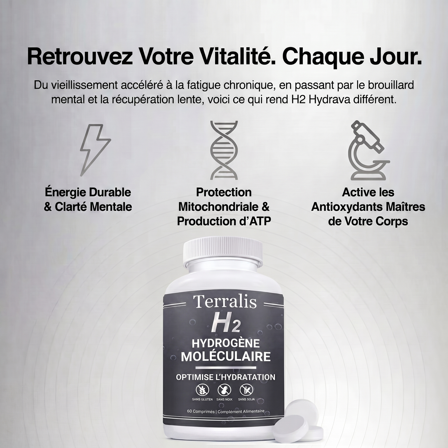 Épuisé(e) toute la journée, vous vieillissez plus vite que vous ne le devriez ? L'Hydrava H2 protège vos cellules de l'intérieur.