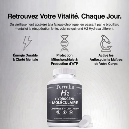 Épuisé(e) toute la journée, vous vieillissez plus vite que vous ne le devriez ? L'Hydrava H2 protège vos cellules de l'intérieur.
