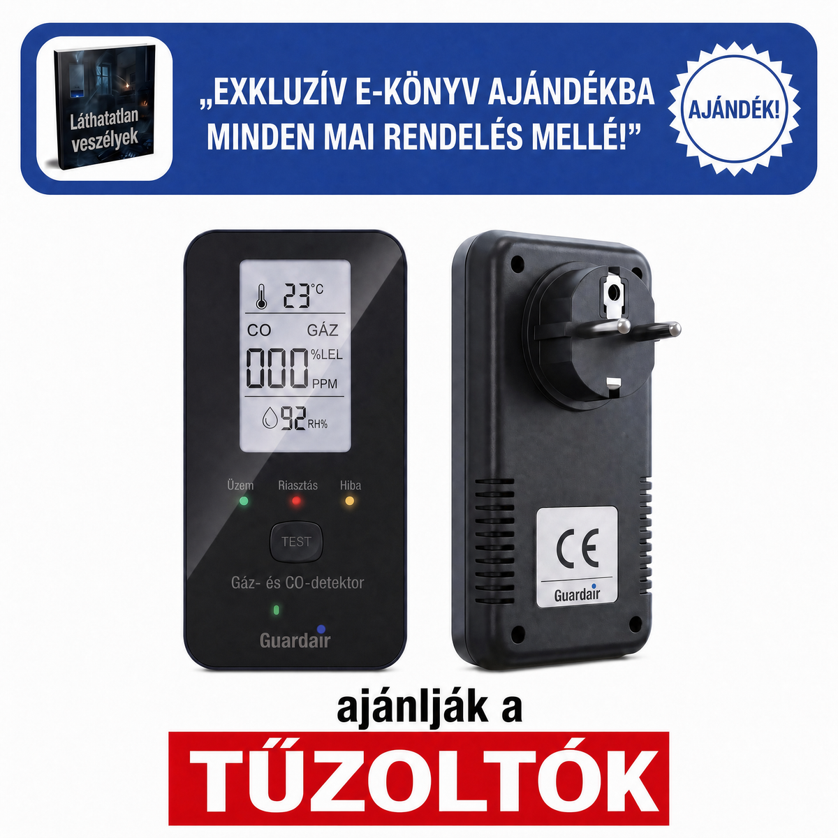 A Guardair gáz- és CO-detektor szemből és hátulról, ingyenes e-könyvvel