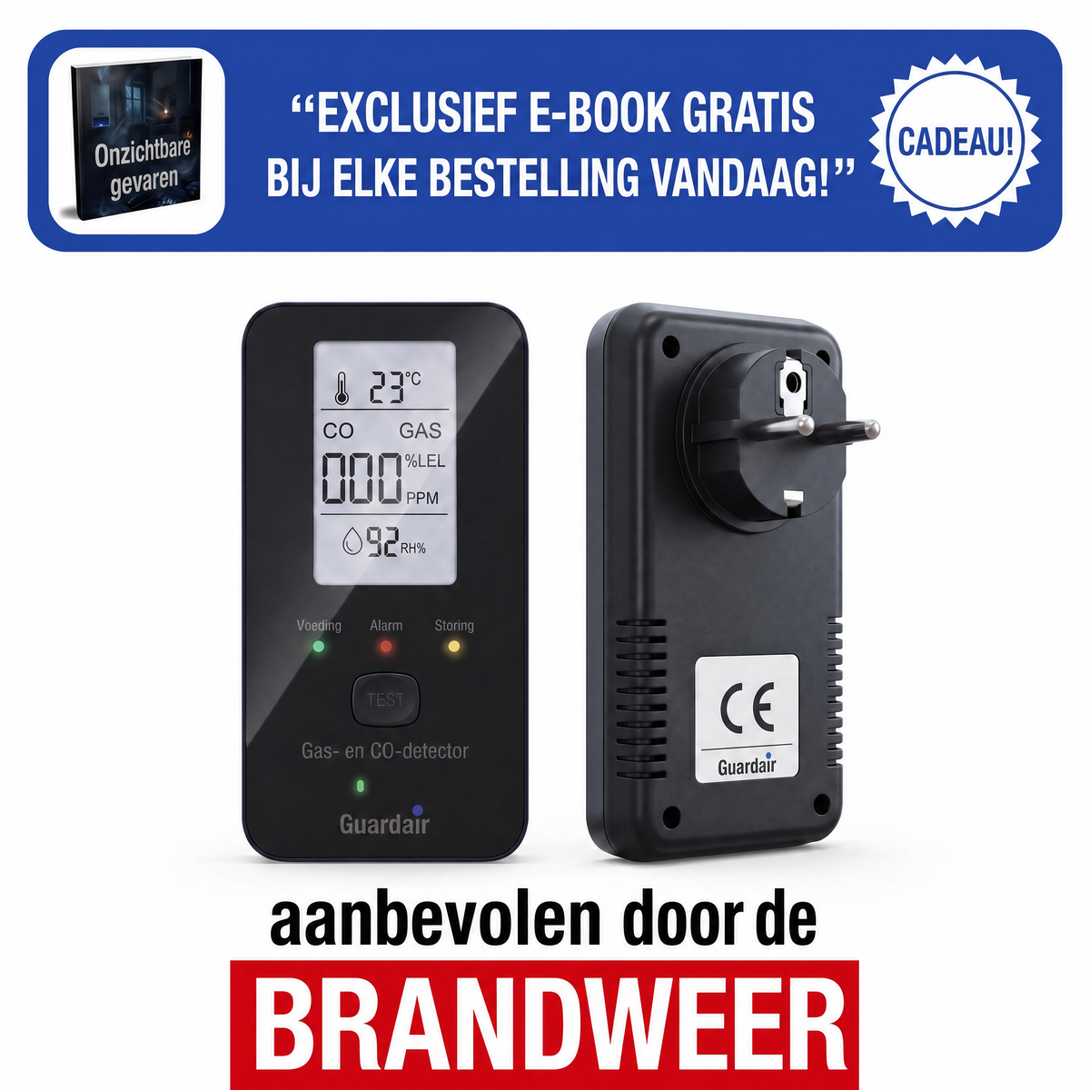 Guardair-detector in een stopcontact, toont de gaswaarden in realtime