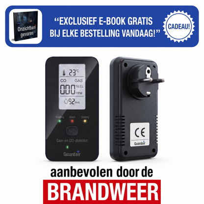 Guardair-detector in een stopcontact, toont de gaswaarden in realtime
