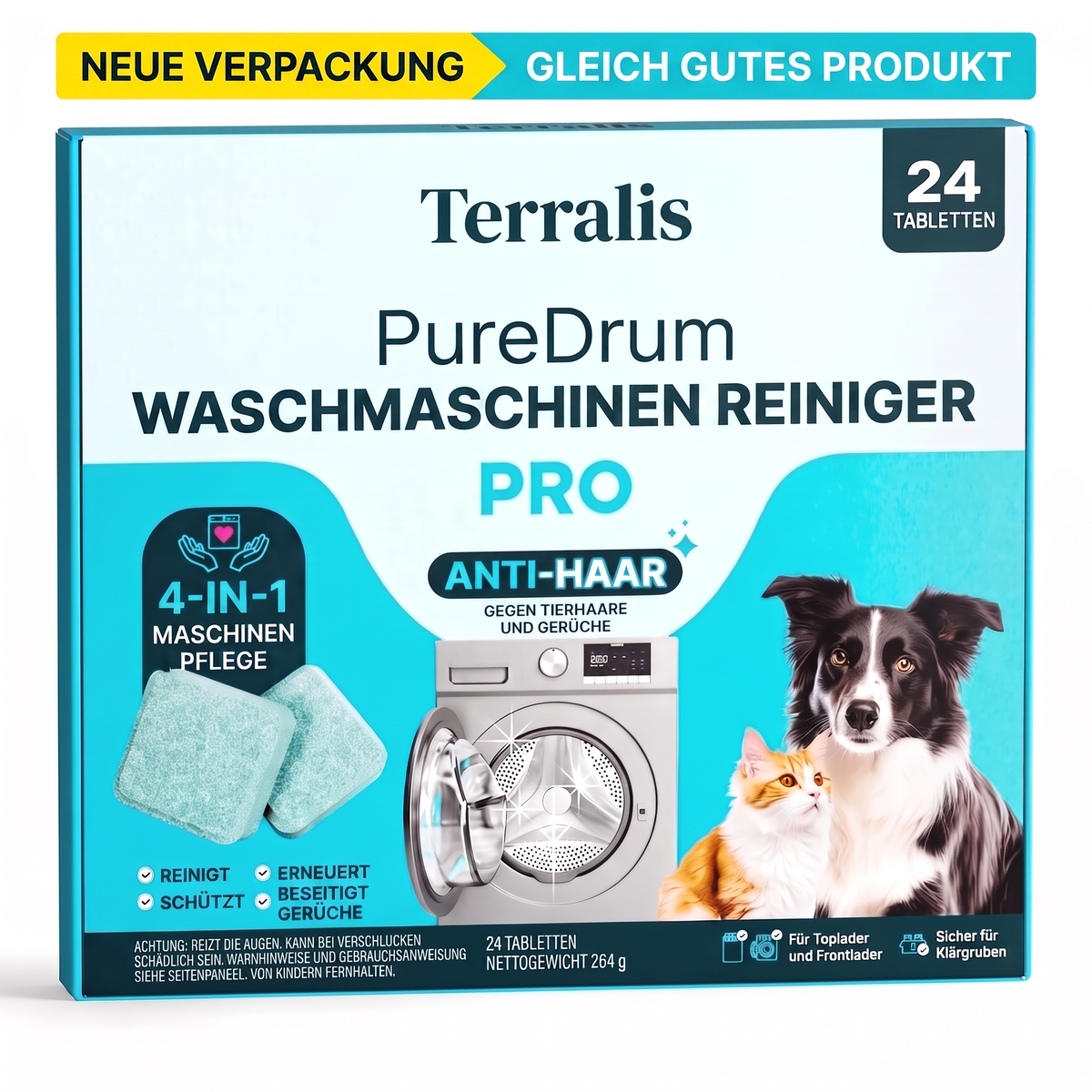 Terralis PureDrum Pro Waschmaschinenreiniger gegen Tierhaare, 24 Tabletten