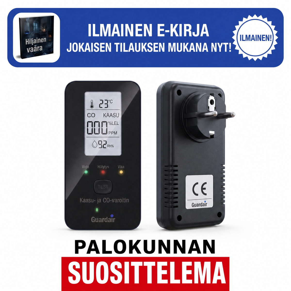 Guardair kaasu- ja CO-varoitin edestä ja takaa, mukana ilmainen e-kirja