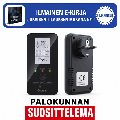 Guardair kaasu- ja CO-varoitin edestä ja takaa, mukana ilmainen e-kirja