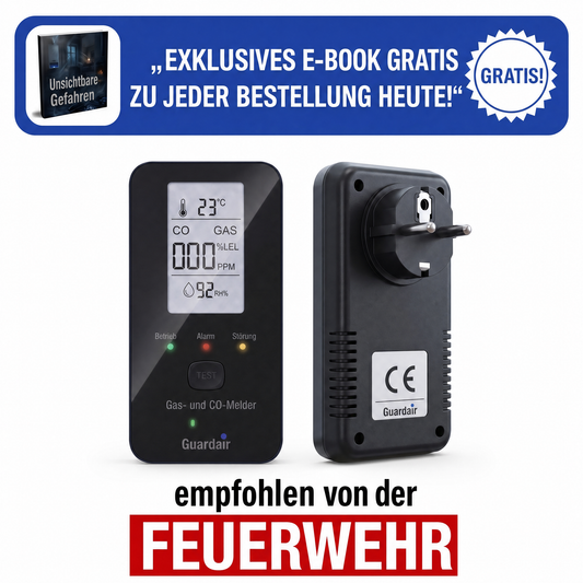 Guardair Gas- und CO-Melder von vorne und von hinten, mit gratis E-Book