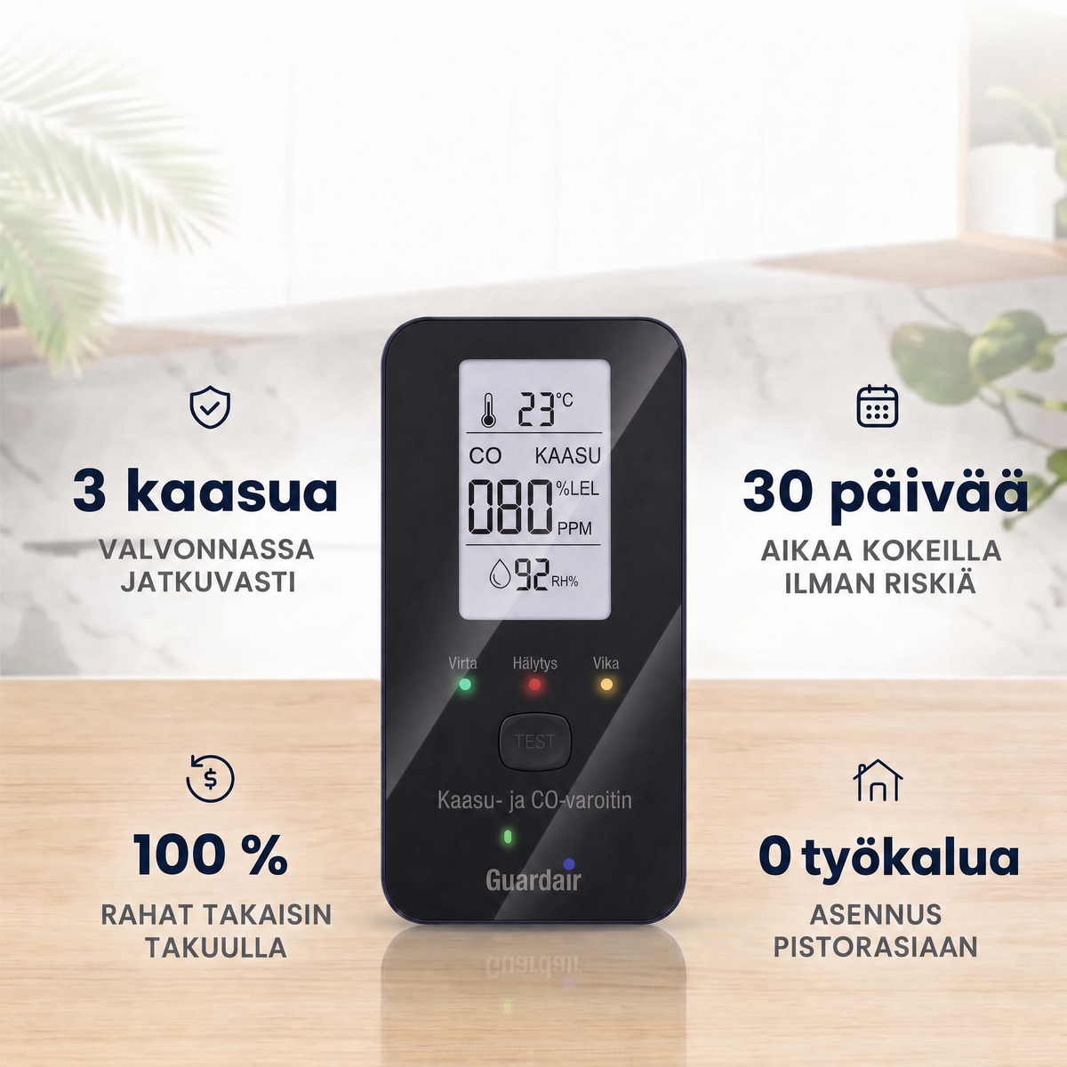 Guardairin neljä etua: kolme valvottua kaasua, 30 päivää riskitöntä kokeiluaikaa, 100 % rahat takaisin -takuu ja asennus ilman työkaluja