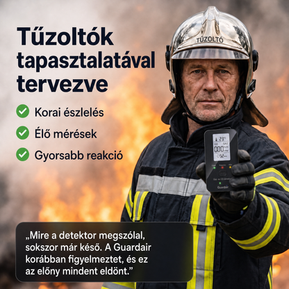 Tűzoltó kezében a Guardair detektor, élő mérési értékekkel a kijelzőn