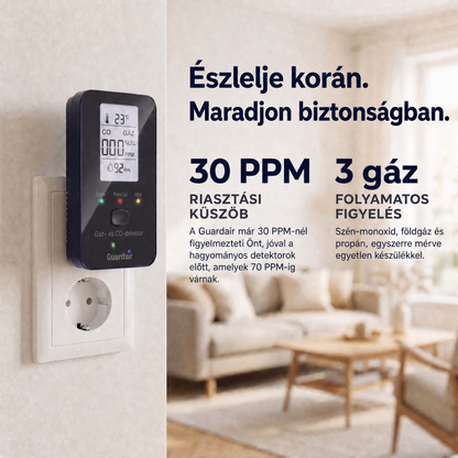 A Guardair konnektorba dugva: riasztás már 30 PPM-nél, három gáz folyamatos figyelése