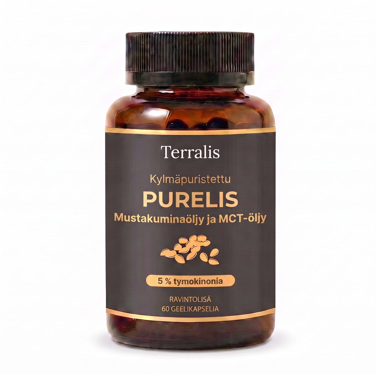 Purelis-pullo, mustakuminanöljyä 5 % tymokinonia ja MCT-öljyä