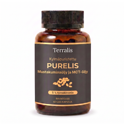 Purelis-pullo, mustakuminanöljyä 5 % tymokinonia ja MCT-öljyä