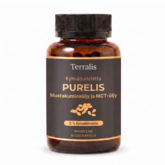 Purelis-pullo, mustakuminanöljyä 5 % tymokinonia ja MCT-öljyä