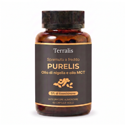 Flacone Purelis, olio di cumino nero con 5% di timochinone e olio MCT