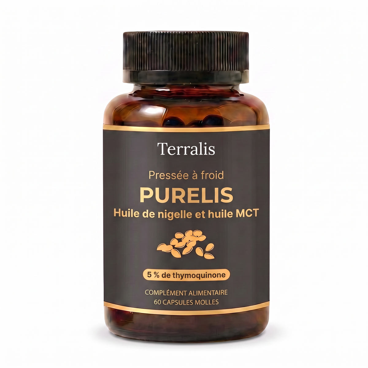 Flacon de Purelis, huile de nigelle à 5 % de thymoquinone avec huile MCT