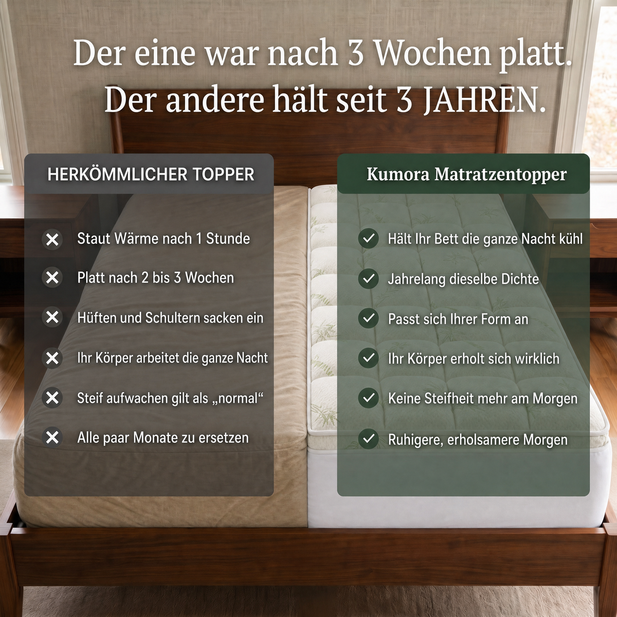 Vergleich zwischen einer gewöhnlichen Matratze und Kumora