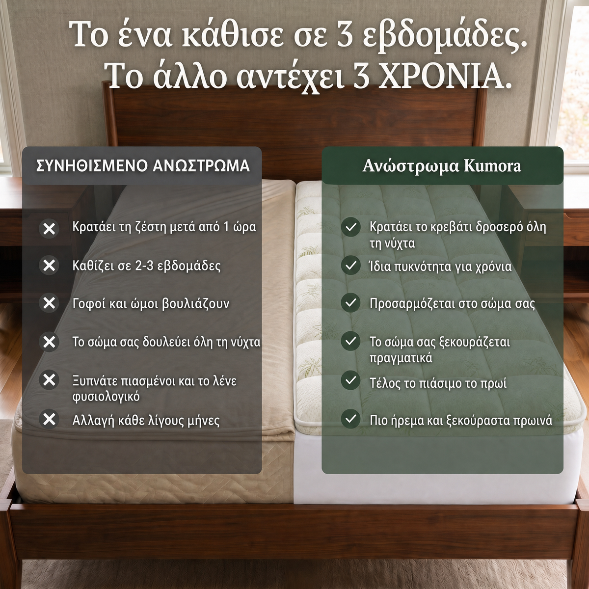 Σύγκριση ανάμεσα σε ένα συνηθισμένο στρώμα και το Kumora