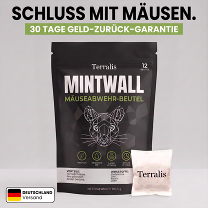 Mäuseabwehr-Beutel Mintwall von Terralis, cremefarbener Beutel und schwarze Packung mit 12 Beuteln