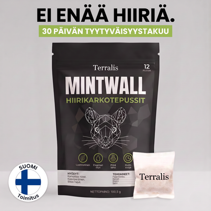 Terralis Mintwall -hiirikarkotepussit, kermanvärinen pussi ja musta 12 pussin pakkaus