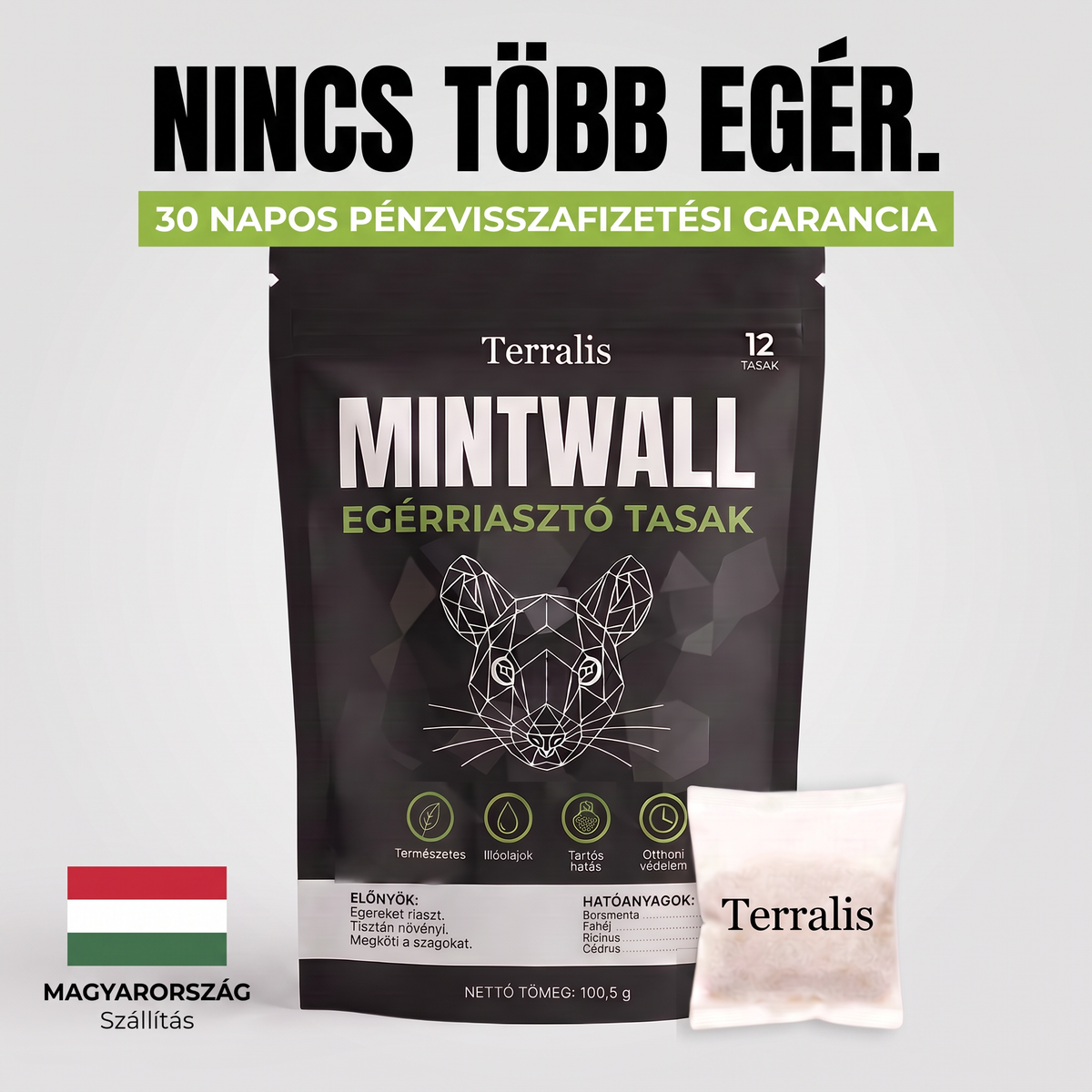 Mintwall egérriasztó tasakok a Terralistól, krémszínű tasak és fekete, 12 tasakos csomag