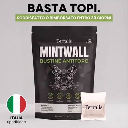 Bustine antitopo Mintwall di Terralis, bustina color crema e confezione nera da 12 bustine