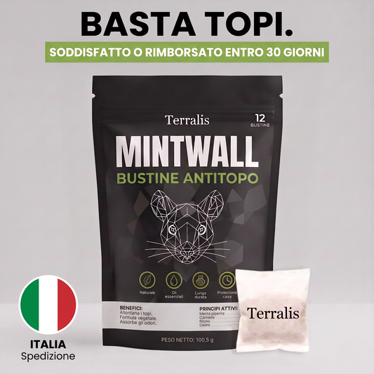 Bustine antitopo Mintwall di Terralis, bustina color crema e confezione nera da 12 bustine