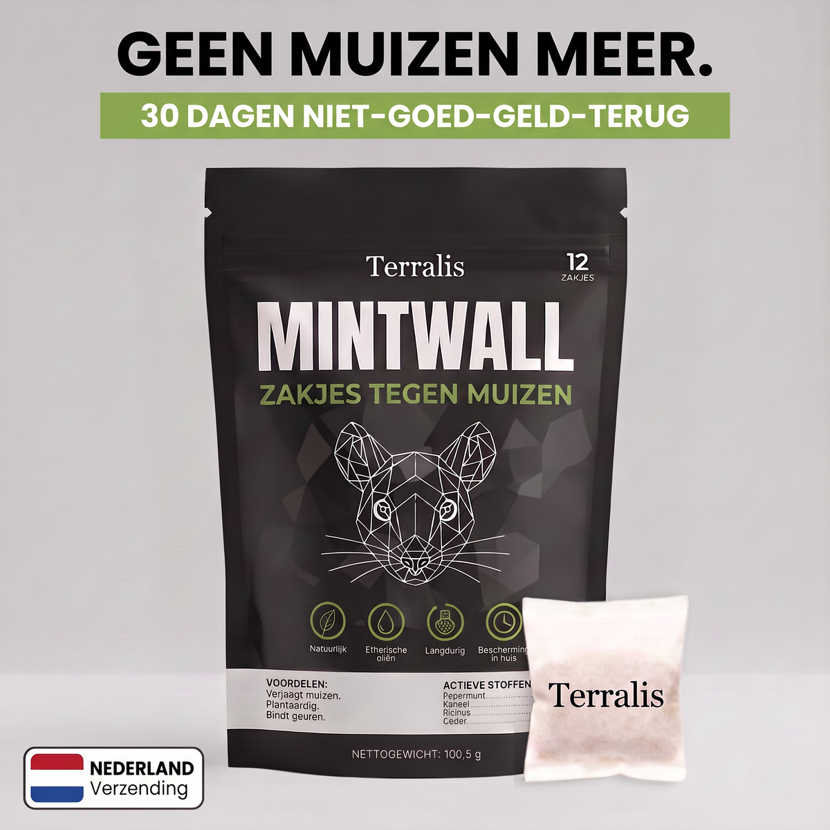 Zakjes tegen muizen Mintwall van Terralis, crèmekleurig zakje en zwarte verpakking met 12 zakjes
