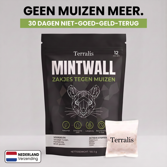 Zakjes tegen muizen Mintwall van Terralis, crèmekleurig zakje en zwarte verpakking met 12 zakjes